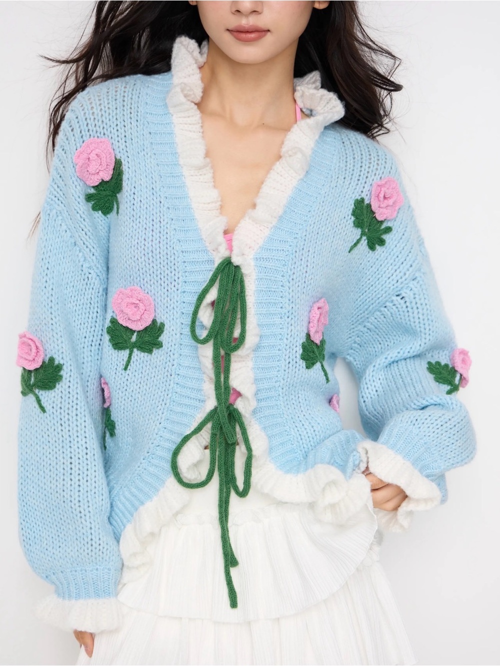 NWT - Cider Cardigan w Crocheted Accents, Frilled Edges & Tie Front